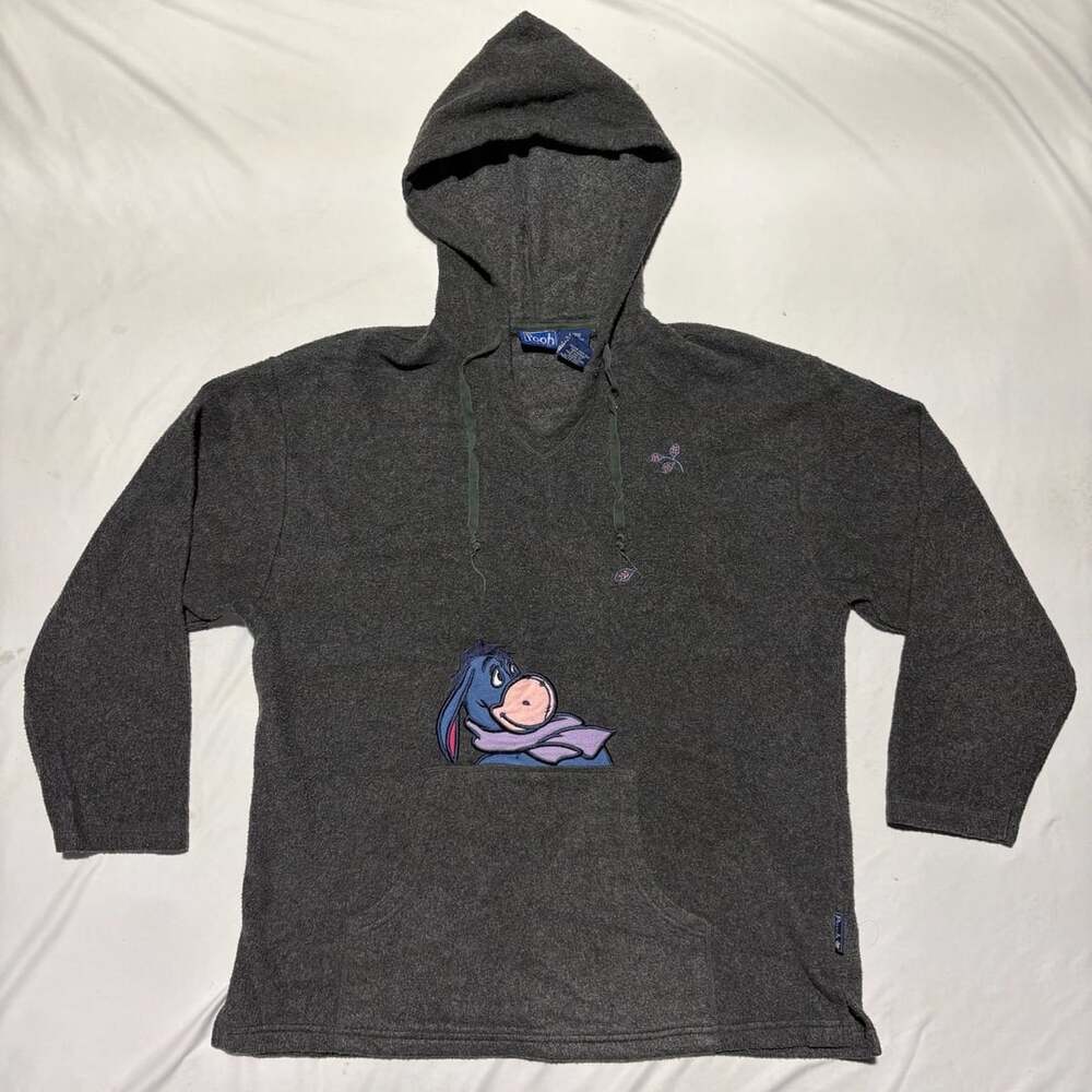 Vtg 90s Disney Pooh Eeyore Fleece Hoodie Sweatshirt Mens Large Gray Pullover
